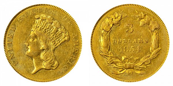 1854 O Indian Princess Head $3 Gold Dollars - Three Dollars 