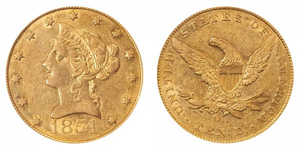 1854 O Large Date - Liberty Head $10 Gold Eagle - Ten Dollars 