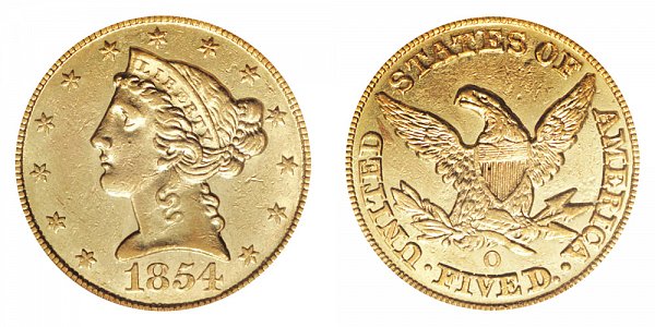 1854 O Liberty Head $5 Gold Half Eagle - Five Dollars 