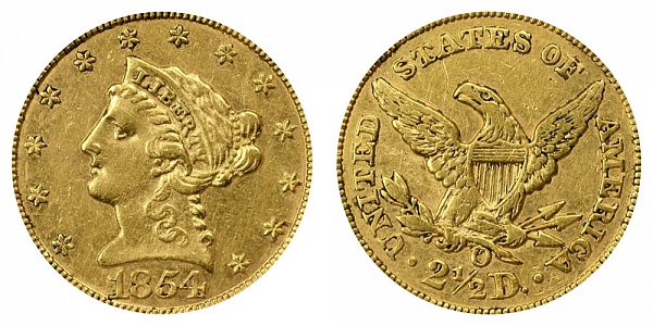 1854 O Liberty Head $2.50 Gold Quarter Eagle - 2 1/2 Dollars 