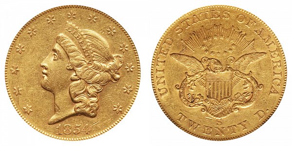 1854 S Liberty Head $20 Gold Double Eagle - Twenty Dollars 