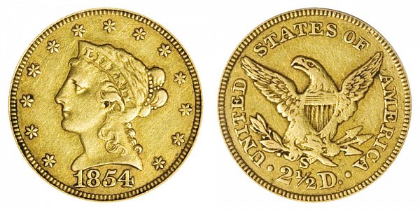 1854 S Liberty Head $2.50 Gold Quarter Eagle - 2 1/2 Dollars 