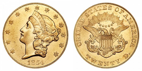 1854 Small Date Liberty Head $20 Gold Double Eagle - Twenty Dollars 