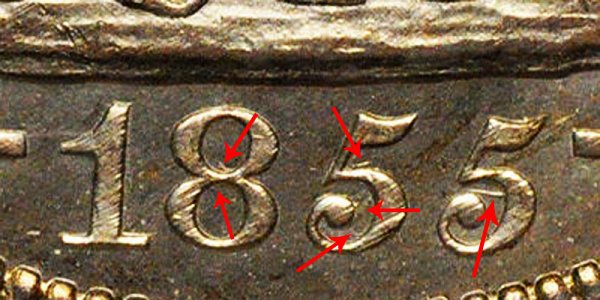 1855/54 Seated Liberty Half Dollar - 5 Over 4 Repunched Date RPD Error