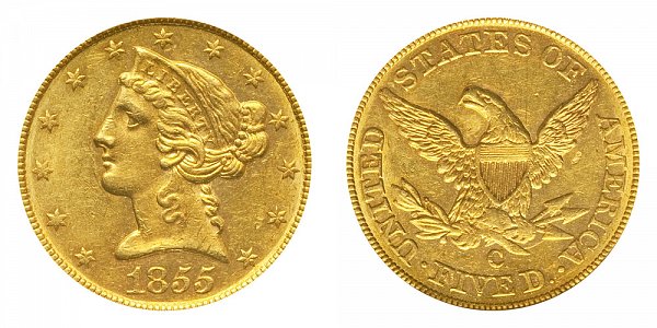 1855 C Liberty Head $5 Gold Half Eagle - Five Dollars 