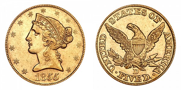 1855 D Liberty Head $5 Gold Half Eagle - Five Dollars 