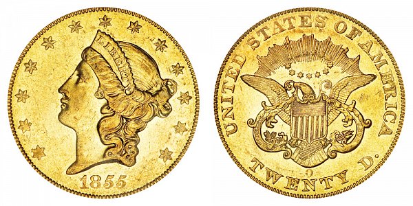 1855 O Liberty Head $20 Gold Double Eagle - Twenty Dollars 