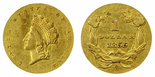 1855 O Small Indian Princess Head Gold Dollar G$1 