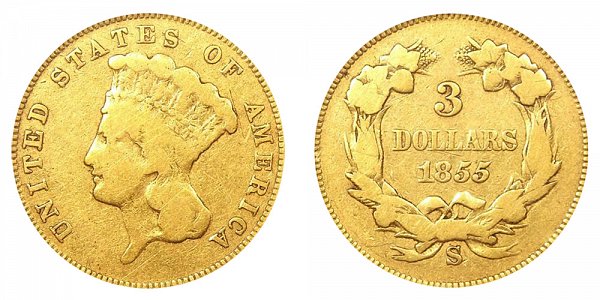 1855 S Indian Princess Head $3 Gold Dollars - Three Dollars 