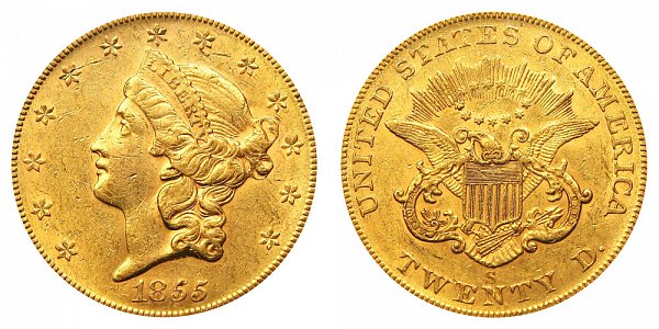 1855 S Liberty Head $20 Gold Double Eagle - Twenty Dollars 