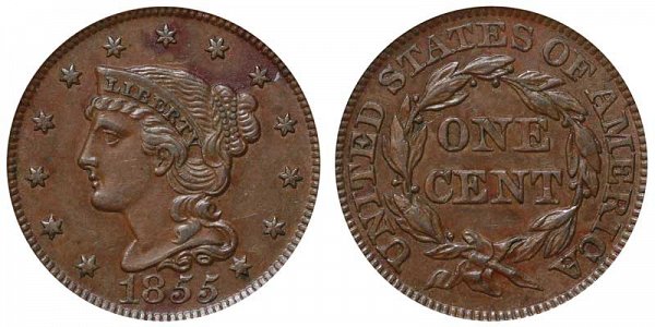 1855 Braided Hair Large Cent Penny - Slanted 5's