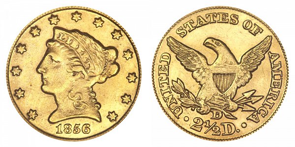 1856 D Liberty Head $2.50 Gold Quarter Eagle - 2 1/2 Dollars 