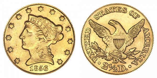 1856 D Liberty Head $2.50 Gold Quarter Eagle - 2 1/2 Dollars