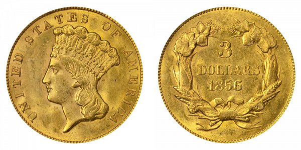 1856 Indian Princess Head $3 Gold Dollars - Three Dollars