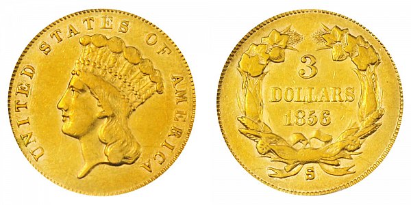 1856 S Indian Princess Head $3 Gold Dollars - Three Dollars 