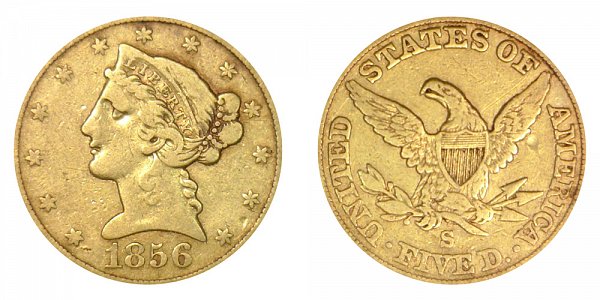 1856 S Liberty Head $5 Gold Half Eagle - Five Dollars 