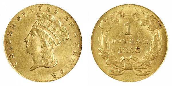 1856 Large Indian Princess Head Gold Dollar G$1 - Slanted 5 