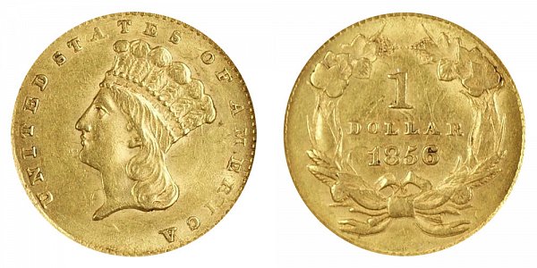 1856 Large Indian Princess Head Gold Dollar G$1 - Slanted 5