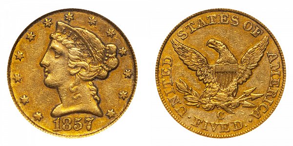 1857 C Liberty Head $5 Gold Half Eagle - Five Dollars 