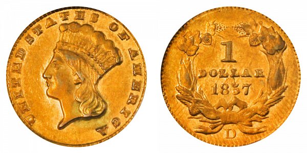 1857 D Large Indian Princess Head Gold Dollar G$1 