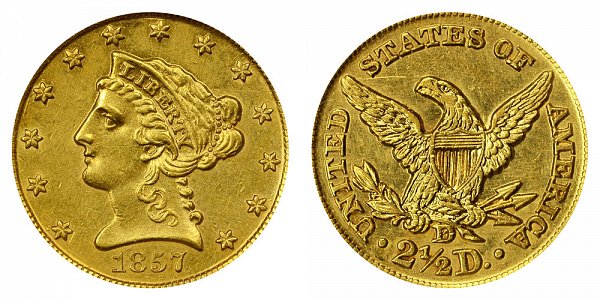 1857 D Liberty Head $2.50 Gold Quarter Eagle - 2 1/2 Dollars 