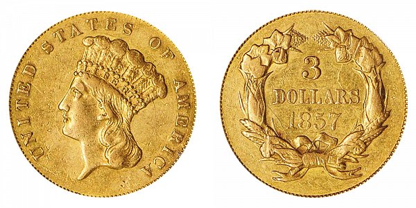 1857 Indian Princess Head $3 Gold Dollars - Three Dollars 