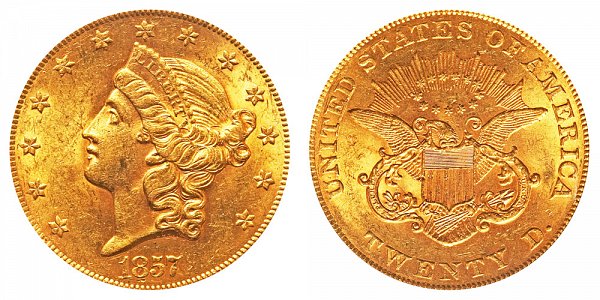 1857 Liberty Head $20 Gold Double Eagle - Twenty Dollars 