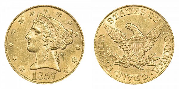 1857 Liberty Head $5 Gold Half Eagle - Five Dollars 