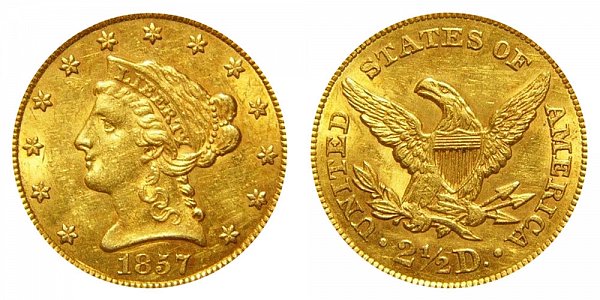 1857 Liberty Head $2.50 Gold Quarter Eagle - 2 1/2 Dollars 