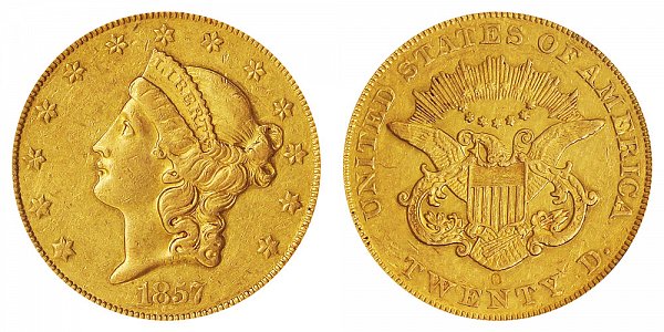 1857 O Liberty Head $20 Gold Double Eagle - Twenty Dollars 