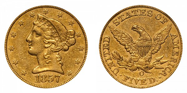 1857 O Liberty Head $5 Gold Half Eagle - Five Dollars 