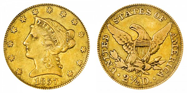 1857 O Liberty Head $2.50 Gold Quarter Eagle - 2 1/2 Dollars 