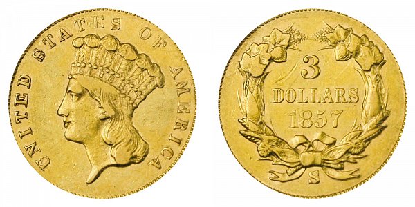 1857 S Indian Princess Head $3 Gold Dollars - Three Dollars 