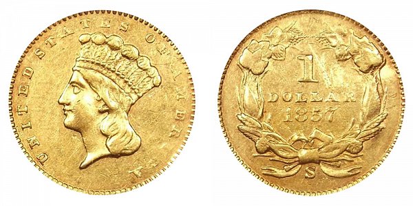 1857 S Large Indian Princess Head Gold Dollar G$1 