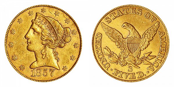 1857 S Liberty Head $5 Gold Half Eagle - Five Dollars 