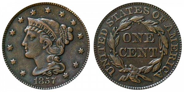 1857 Braided Hair Large Cent Penny - Small Date 