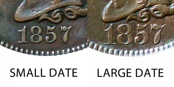 1857 Braided Hair Large Cent Penny - Small Date vs Large Date 