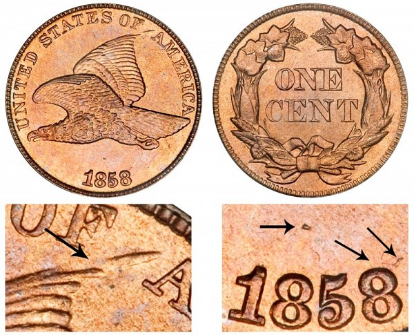 1858/7 8 Over 7 Overdate Flying Eagle Cent Penny 