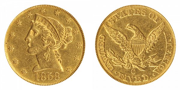 1858 C Liberty Head $5 Gold Half Eagle - Five Dollars 