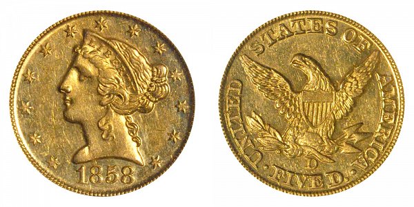 1858 D Liberty Head $5 Gold Half Eagle - Five Dollars 