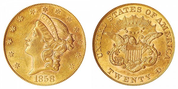 1858 Liberty Head $20 Gold Double Eagle - Twenty Dollars 