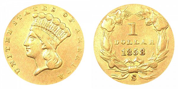 1858 S Large Indian Princess Head Gold Dollar G$1 