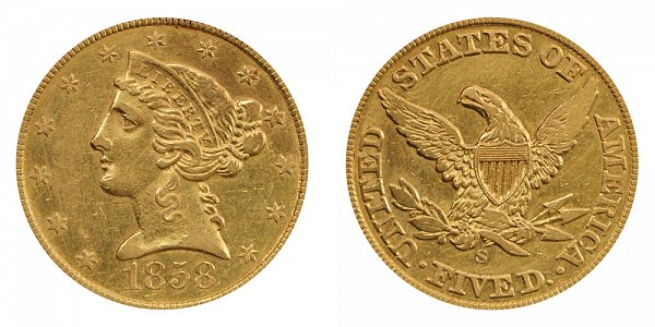 1858 S Liberty Head $5 Gold Half Eagle - Five Dollars 