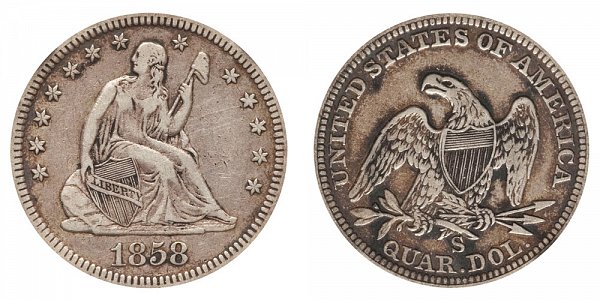 1858 S Seated Liberty Quarter 