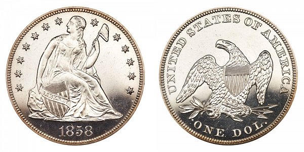 1858 Seated Liberty Silver Dollar - Proof 