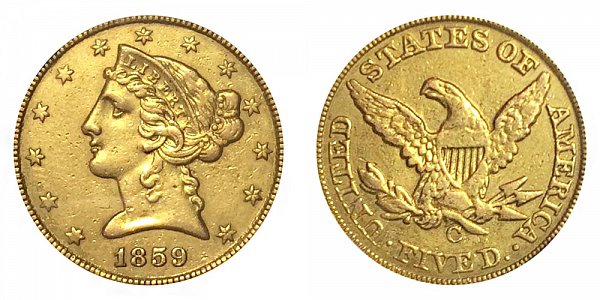 1859 C Liberty Head $5 Gold Half Eagle - Five Dollars 