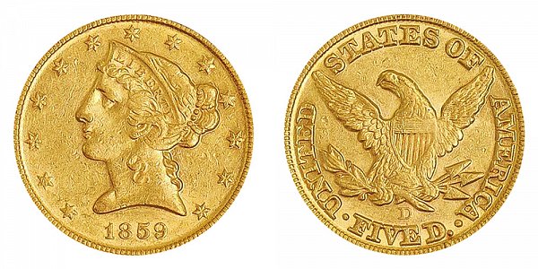 1859 D Liberty Head $5 Gold Half Eagle - Five Dollars 