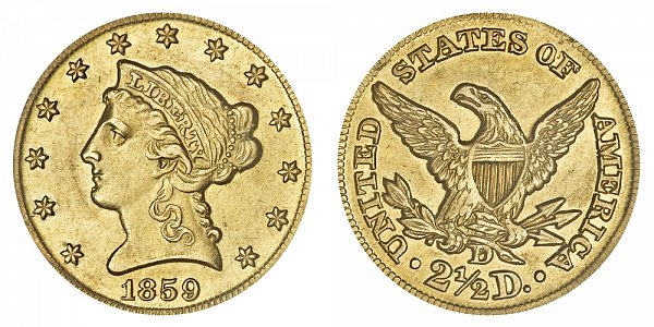 1859 D Liberty Head $2.50 Gold Quarter Eagle - 2 1/2 Dollars 