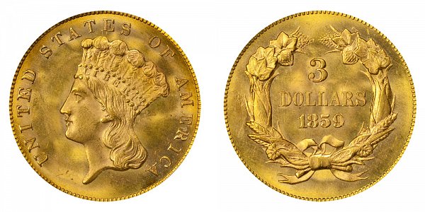 1859 Indian Princess Head $3 Gold Dollars - Three Dollars 