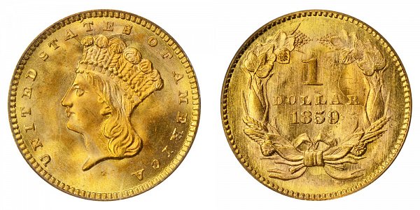 1859 Large Indian Princess Head Gold Dollar G$1 